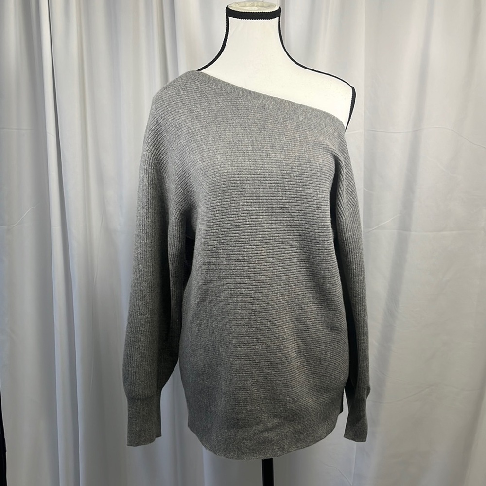 THEORY Gray Ribbed Pullover Merino Wool One-Shoulder Asymmetric Sweater, Size XS